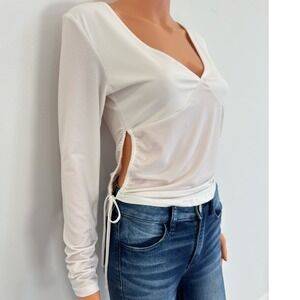 Fashion Nova Womens White Long Sleeve Open Back Tie Ruched Side Top J4N0666CFN S